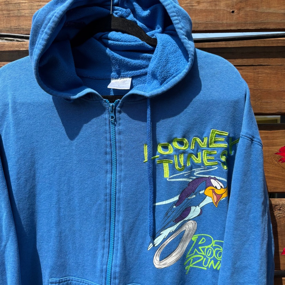Looney Tunes Zip Hoodie Mens L Blue Good Road Runner Wile E Coyote Graphic